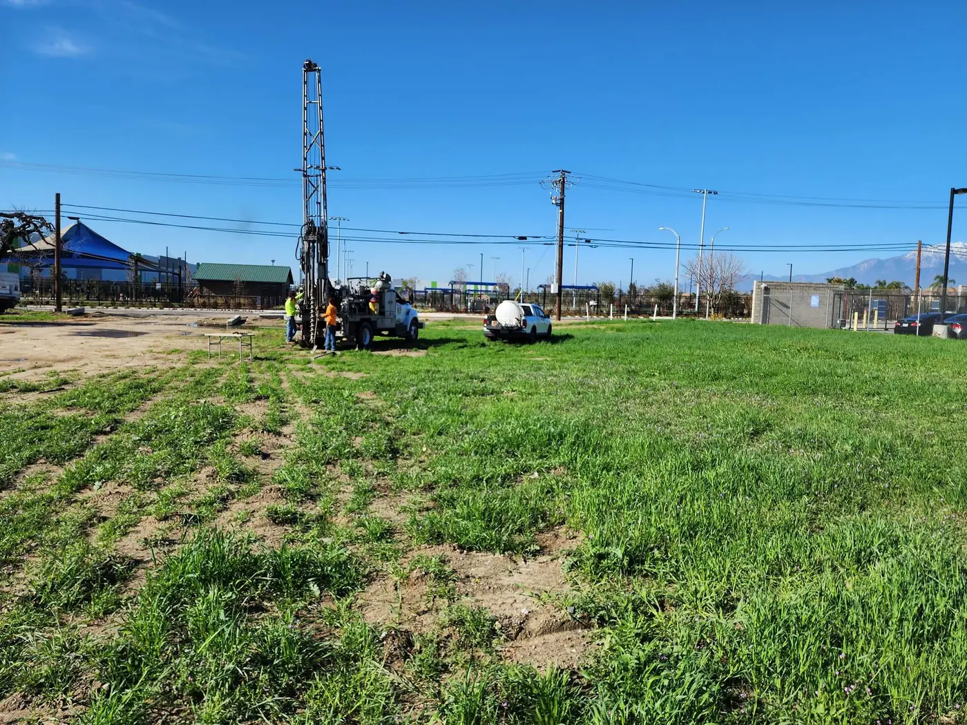 Drilling rig and field crew at the proposed industrial warehouse site in Fontana